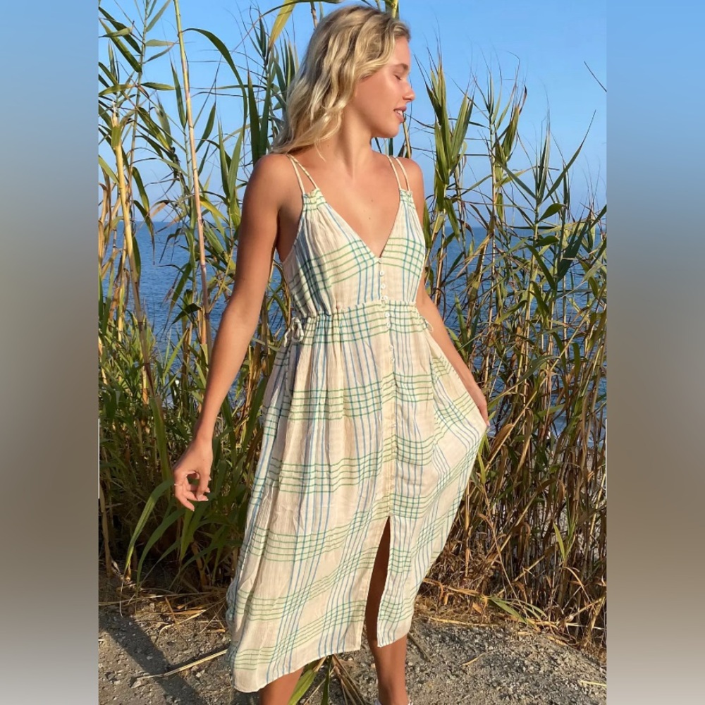 Urban Outfitters Cream Plaid Midi Dress with Green and Blue Accents